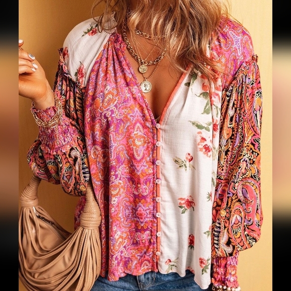 Tops - Boutique Boho patchwork button down balloon sleeve top LS
